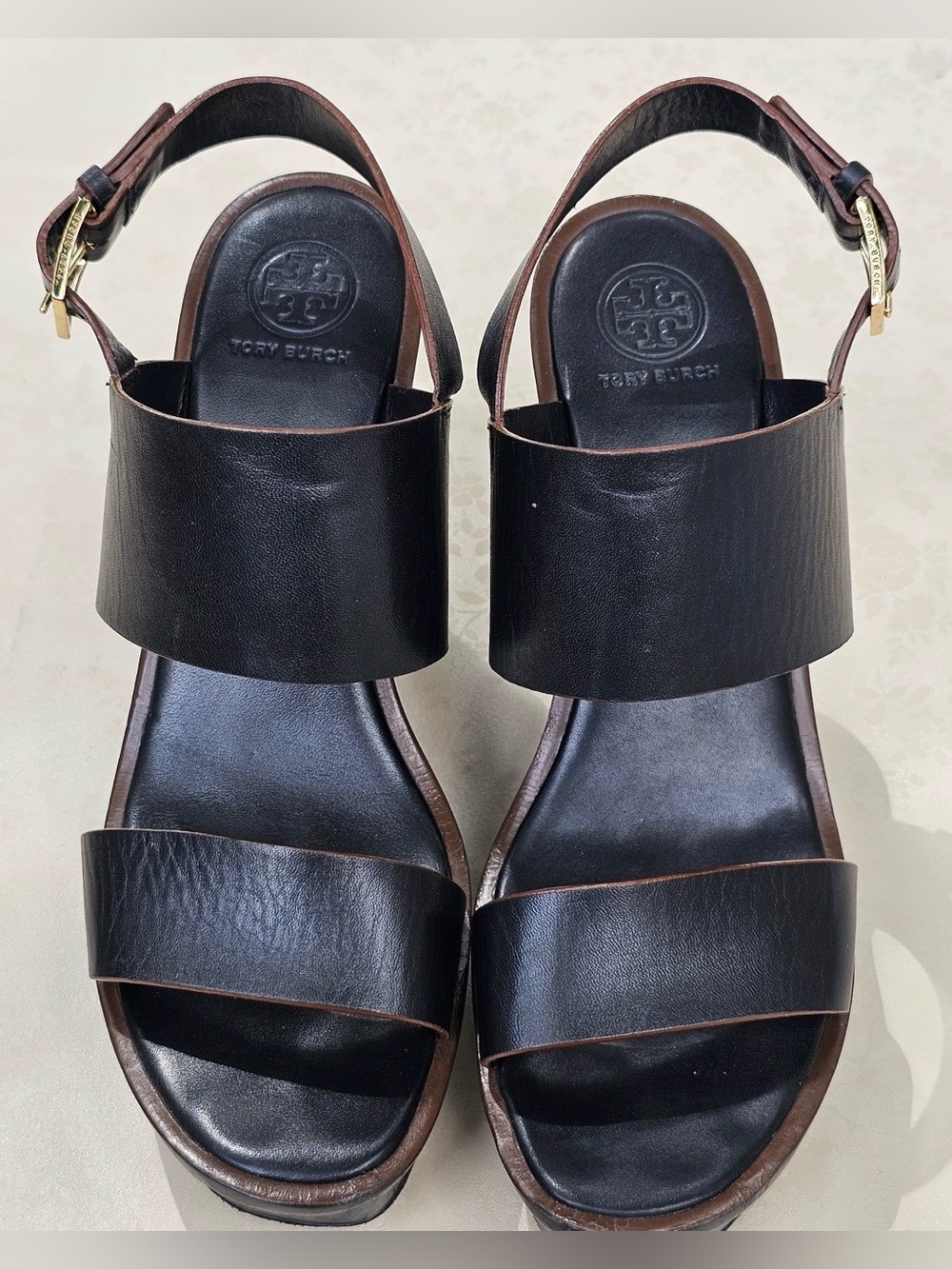 π€ Tory Burch Black Leather Platform Wedge Sandals Size 8.5 - Picture 10 of 14
